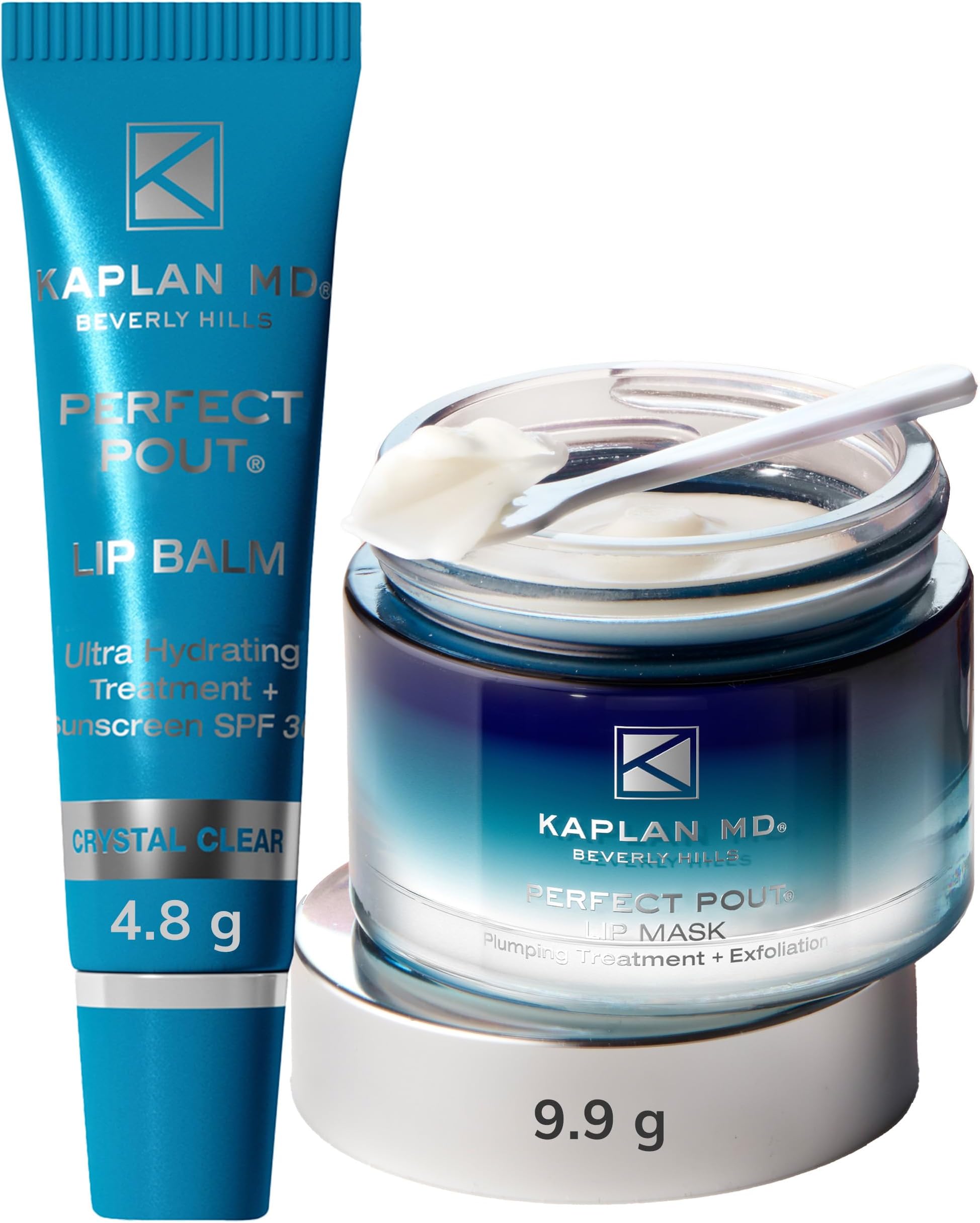 KAPLAN MD Perfect Pout Lip Mask & Lip Balm Duo - SPF 30 Hydrating Treatment with Hyaluronic Acid - Boosts Collagen Synthesis for Dry, Ageing Skin - Crystal Clear - Mask (10g) + Balm (5g)