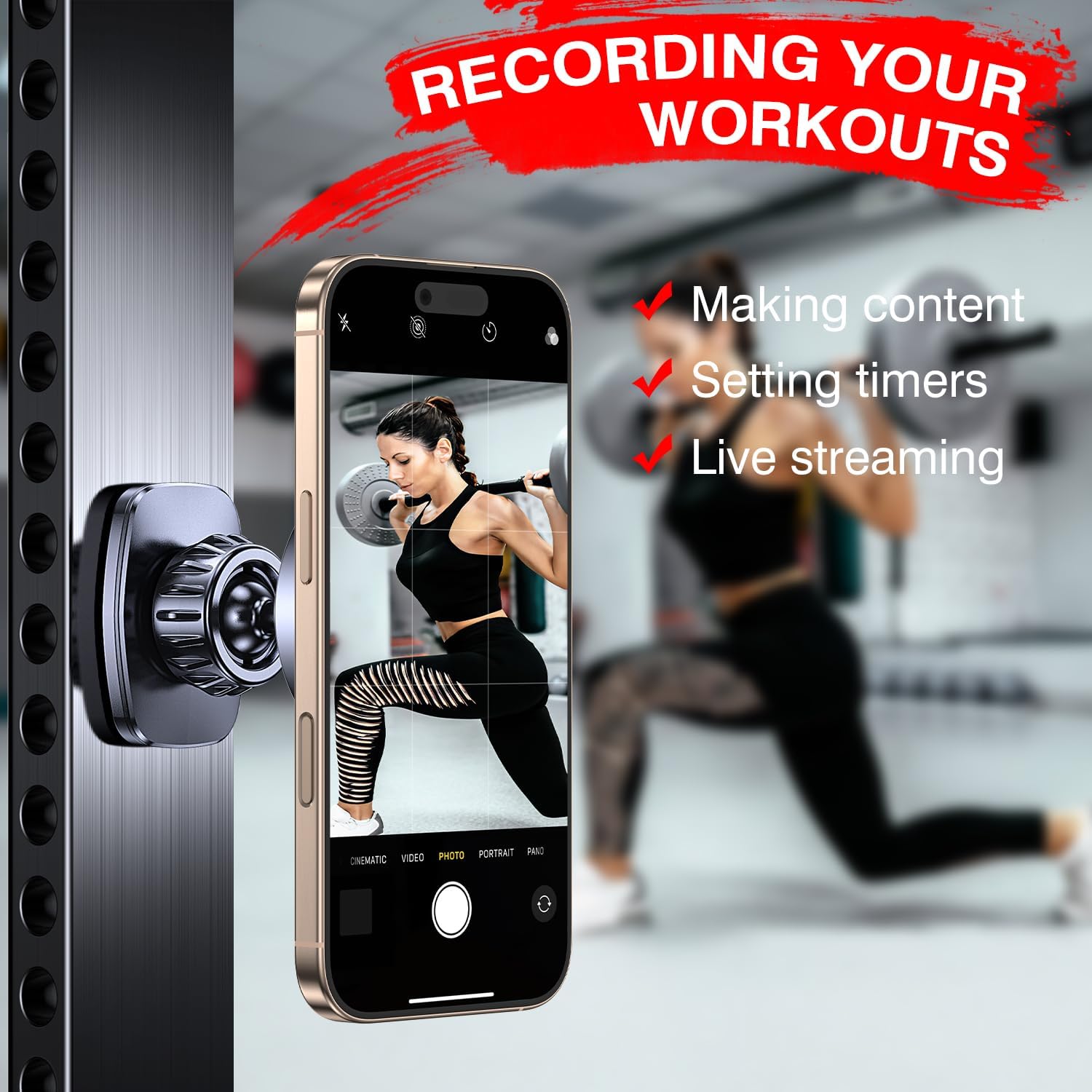 Romuto Magnetic Phone Holder for Gym Mag Safe Phone Holder【Dual Grip】 Gym Phone Holder Magnet Phone Camera Mount for Gym Accessories for Women Attach to Metal Surface with iPhone 17 Pro Max 16 15 14 - Image 3
