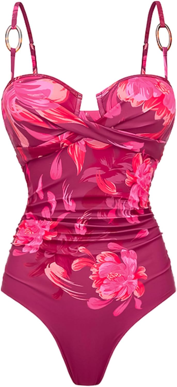 FLAXMAKER Women's Bathing Suit One Piece Wrap Ruched Tummy Control Ladies Swimming Costume Retro Swimsuit and Skirt