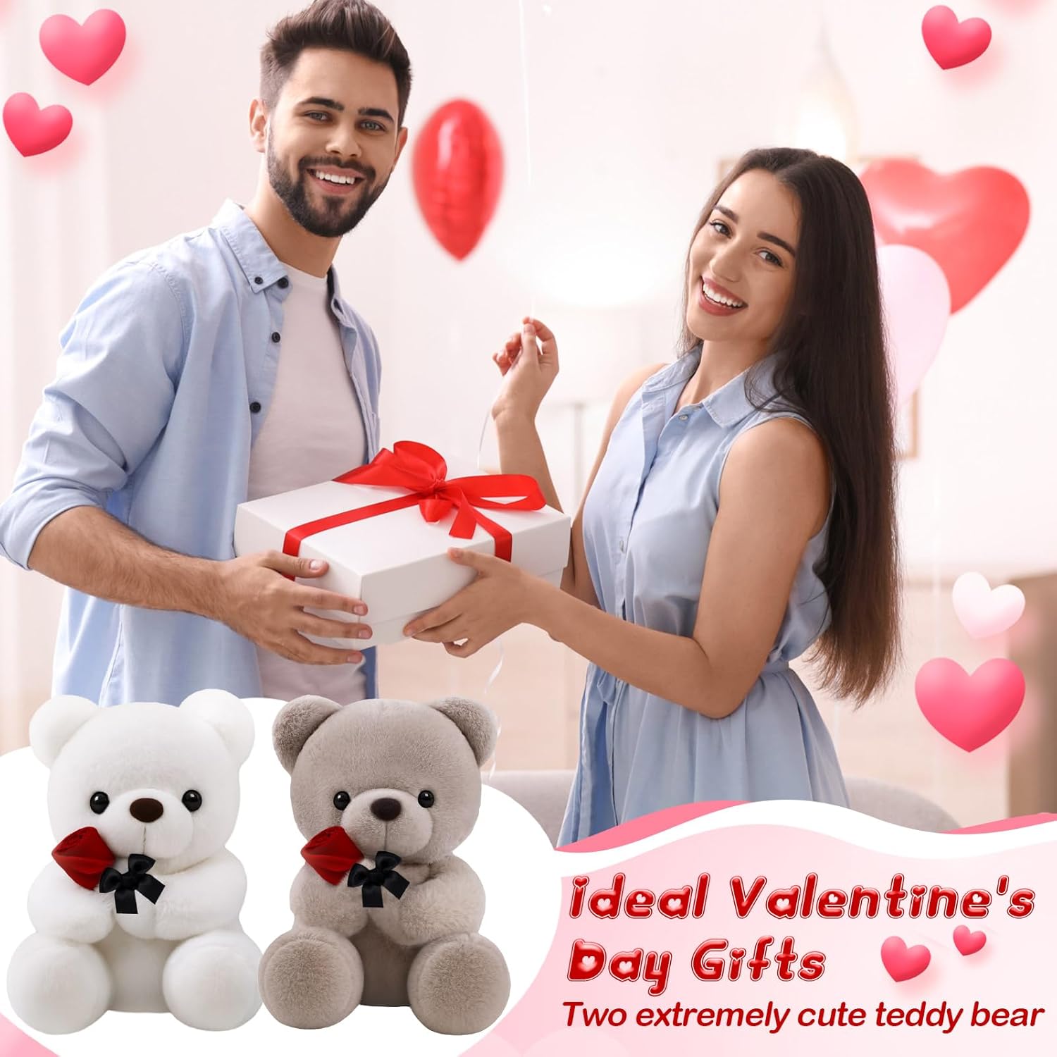 2 Pcs 13.78'' Valentines Day Small Teddy Bear with Rose Cute White Brown Teddy Bear Stuffed Animals Soft Plush Bears Gifts for Valentines Birthday Girlfriend Boyfriend Lover