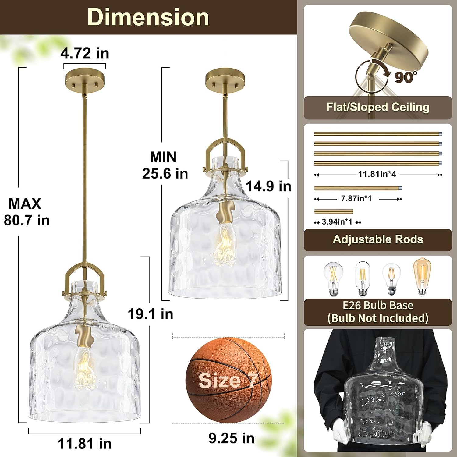 Large Hammered Glass Pendant Lights Kitchen Island Lighting, Brass Brushed Gold Pendant Light Fixtures with 15"H Clear Oversized Glass, Modern Kitchen Pendant Lighting over Island Sink Dining Room E26