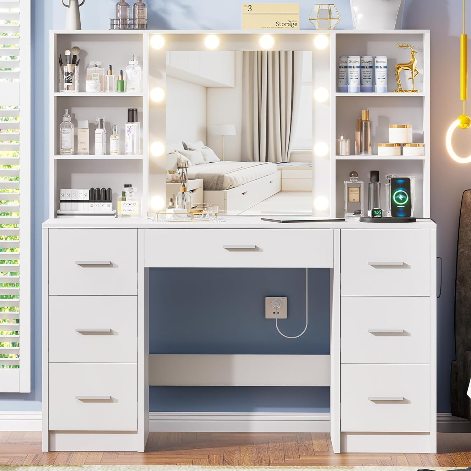 Large Vanity Desk with Mirror and 10 Lights, Makeup Vanity Table with Power Outlet, 7 Drawers and 6 Storage Shelves, Makeup Vanity Desk Dressing Table with 3 Lighting Modes for Bedroom (White)