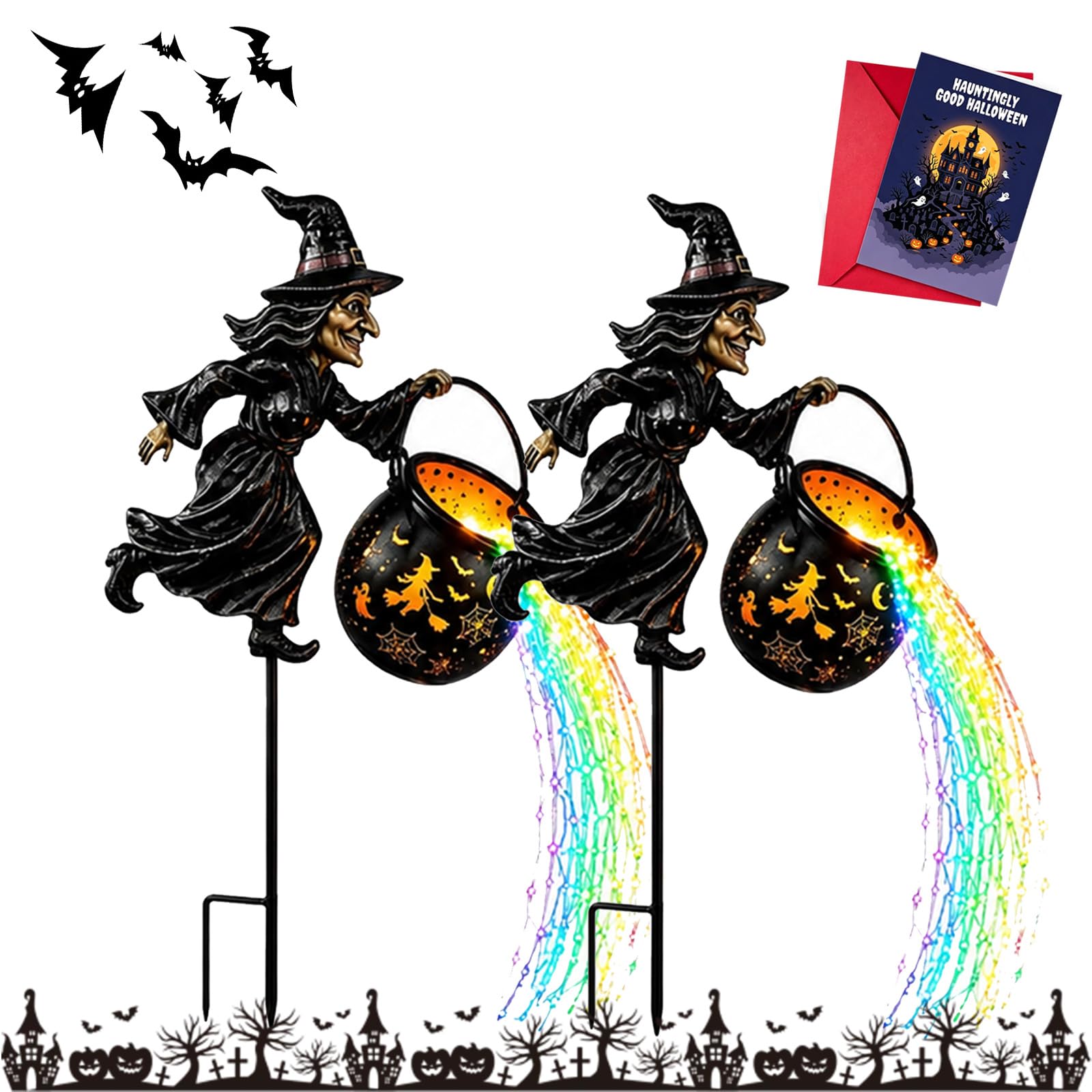 Halloween Witch Cauldron Garden Light Colorful Waterfall Stake Yard (2pcs)