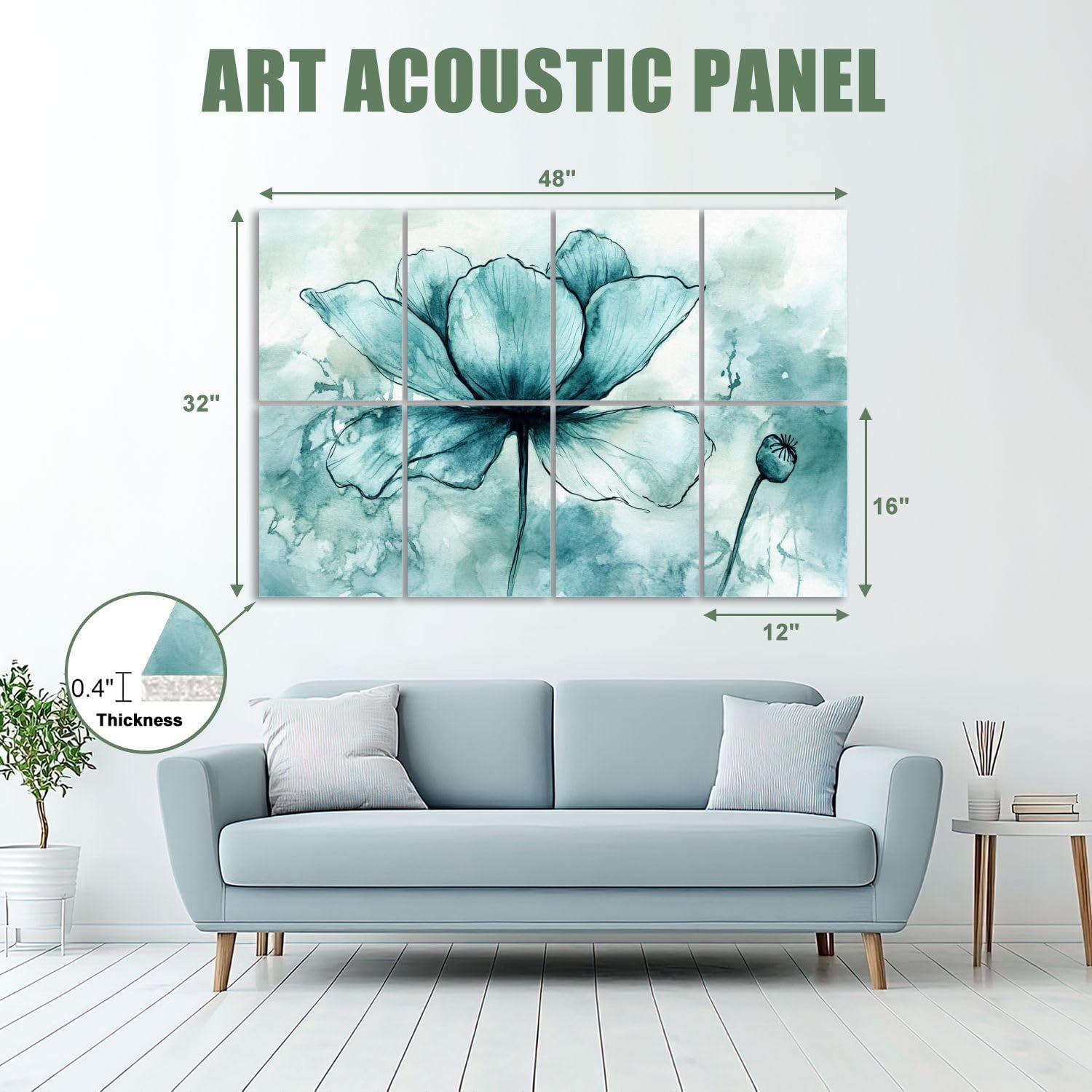 8 Pack Art Acoustic Panels Sound Absorbing Blue Abstract Teal Watercolor Spring Flower Floral Large Blooming Decorative Soundproof Wall Panels Self Adhesive for Recording Studios Office 48"x32"