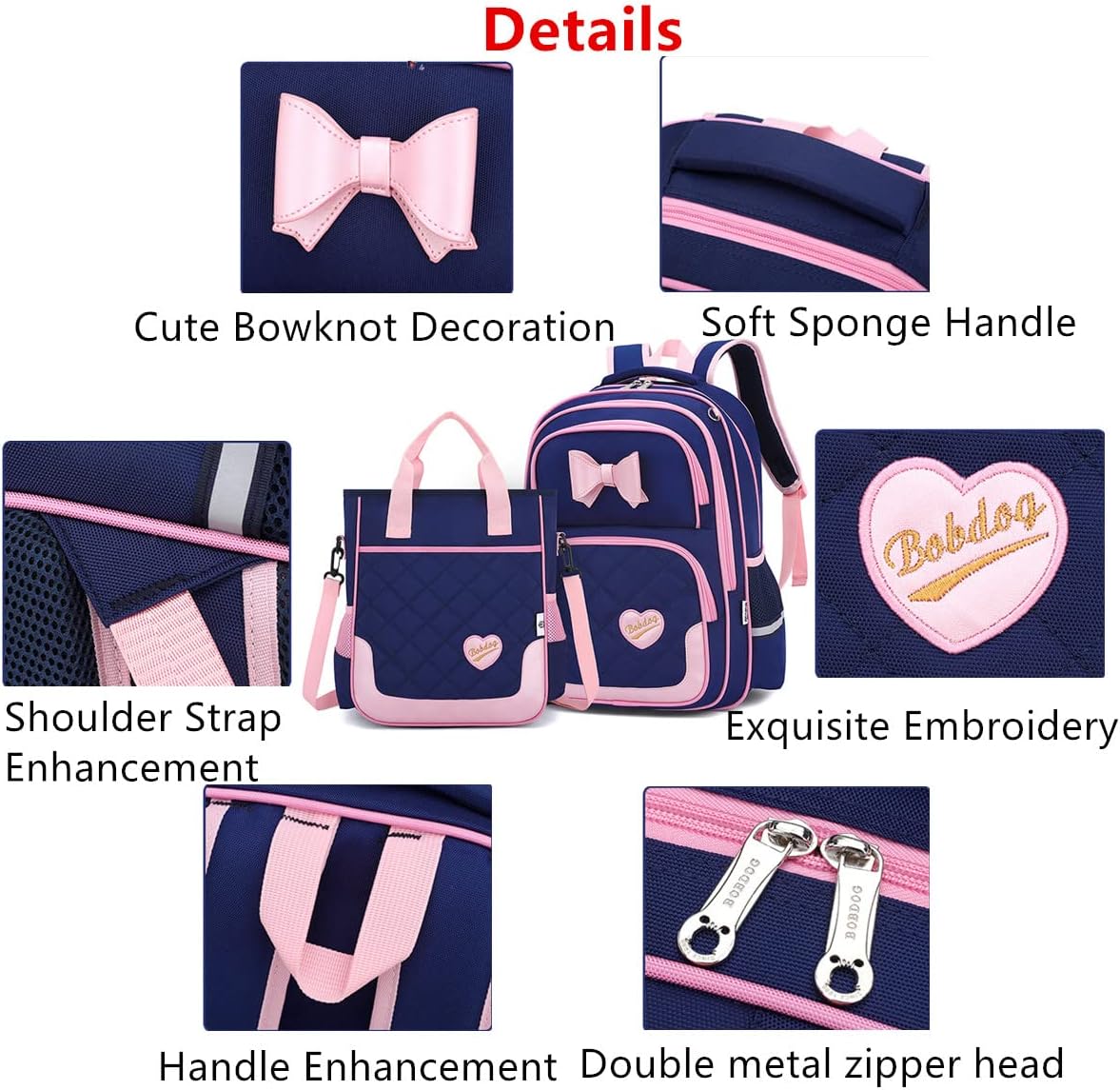 VIDOSCLA School Bags for Girls 2Pcs Bowknot Girls Backpack Elementary Princess Bookbag Sets for School