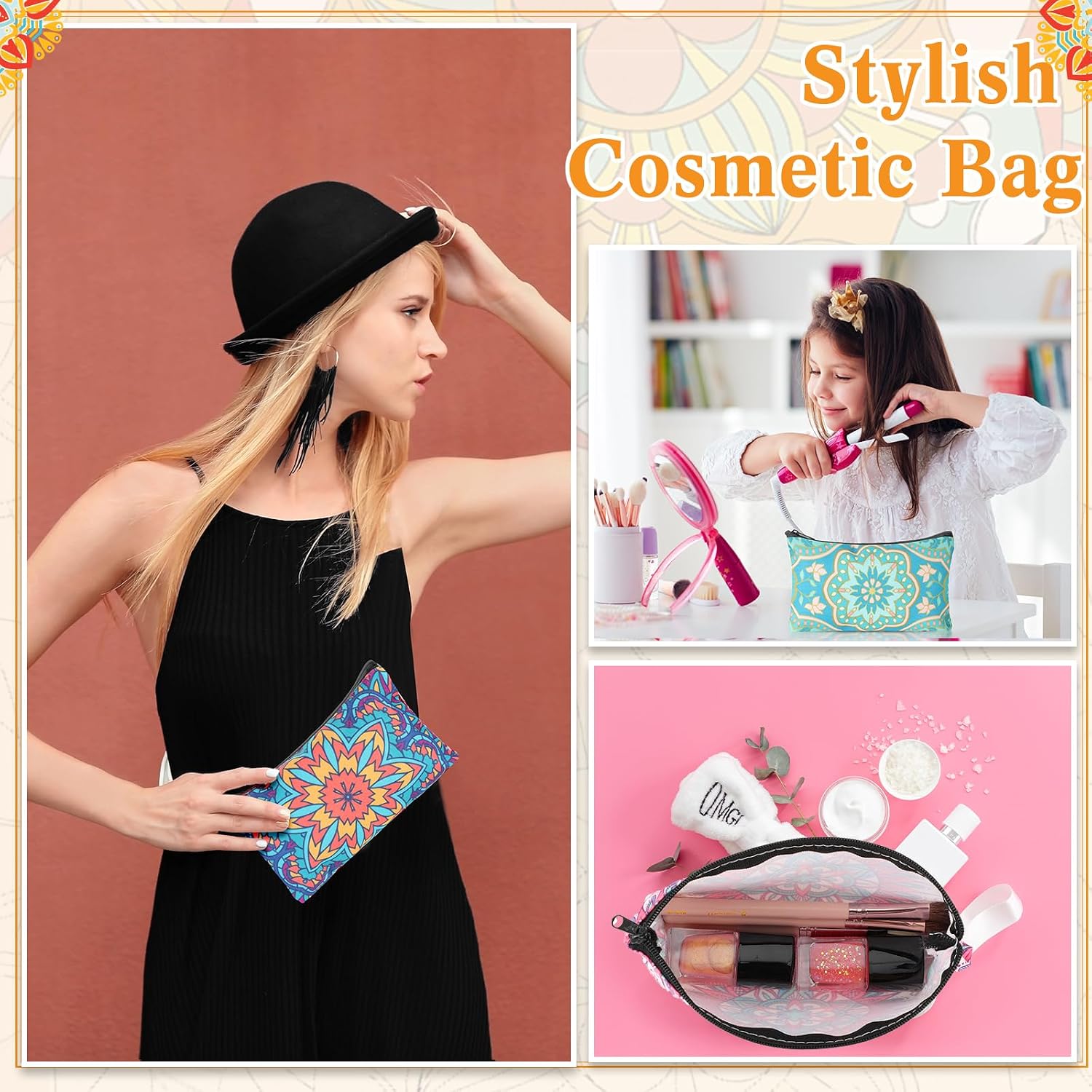 24 Pieces Makeup Bags Bulk Canvas Cosmetic Bags Purse Organizer Zipper Cosmetic Pouch Portable Travel Toiletry Pouch for Women Men Gifts, 7 x 4 Inch (Mandala)