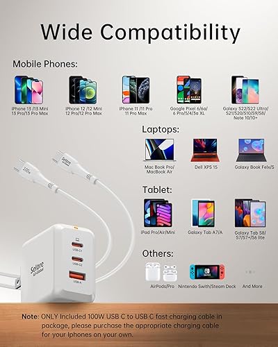 Miniatura 5 de SELORE - Bloque de cargador USB C de 67 W, bloque de carga rápida plegable GaN, adaptador de cargador de pared de 3 puertos con cable USB-C para