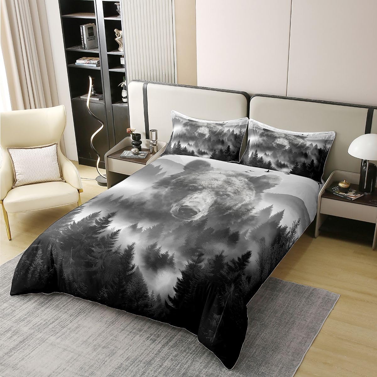 Smoky Mountain Bear 100% Cotton Comforter Cover King for Kids Teens Adults,Natural Landscape Duvet Cover,Nature Forest Trees Bedding Set,Rustic Woodland Animal Bed Set with 2 Pillow Shams Cozy