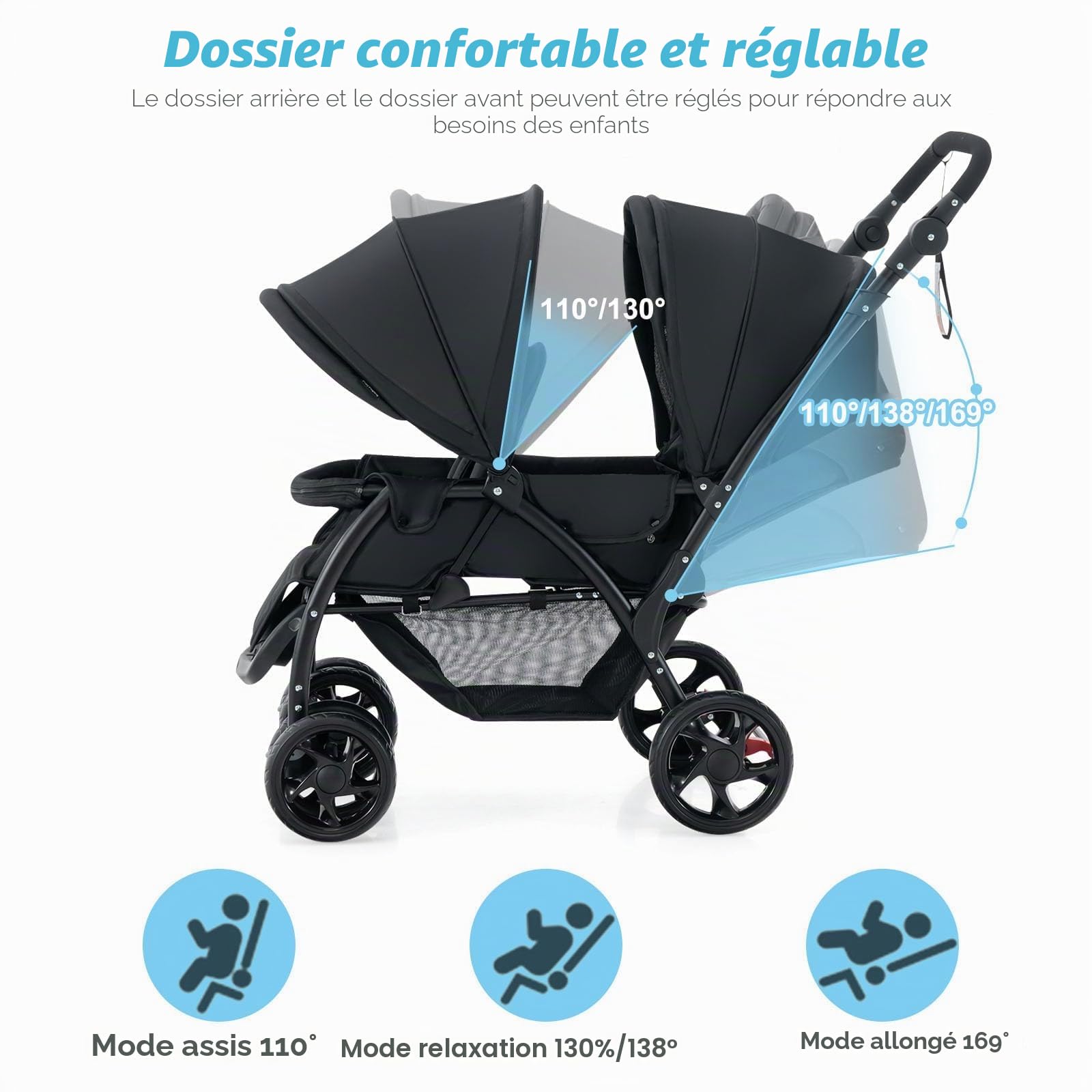 FANTASK Poussette double pliable avec dossier réglable et capote - Pour bébé à partir de 6 mois - Charge maximale : 30 kg - Noir