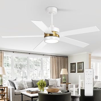 Ceiling Fans with Lights and Remote, 52 Inch Industrial Ceiling Fan with Reversible DC Motor, 6-Speed, 3 Color Light, Downrod Mount LED Light Chandelier for Bedroom Matte White & Gold