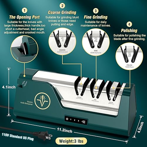 Miniatura 6 de Afilador de cuchillos eléctrico con abrasivos 100% de diamante y guías de ángulo de precisión y variable de 3 velocidades y pantalla táctil abierta