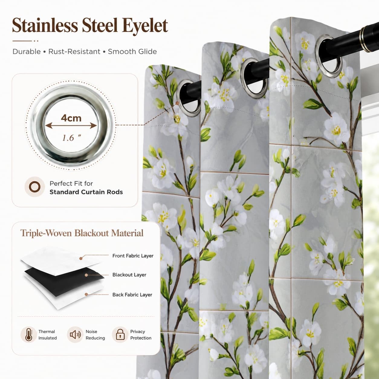 Genérico Infantil Cortinas Opacas Aislantes 2 Paneles 140An x 260Al cm Estilo RúStico Plantas Y Flores Suave Poliéster Termicas Cortina con Ojales Gris para Salon Dormitorio Oficina Hogar Decorativa