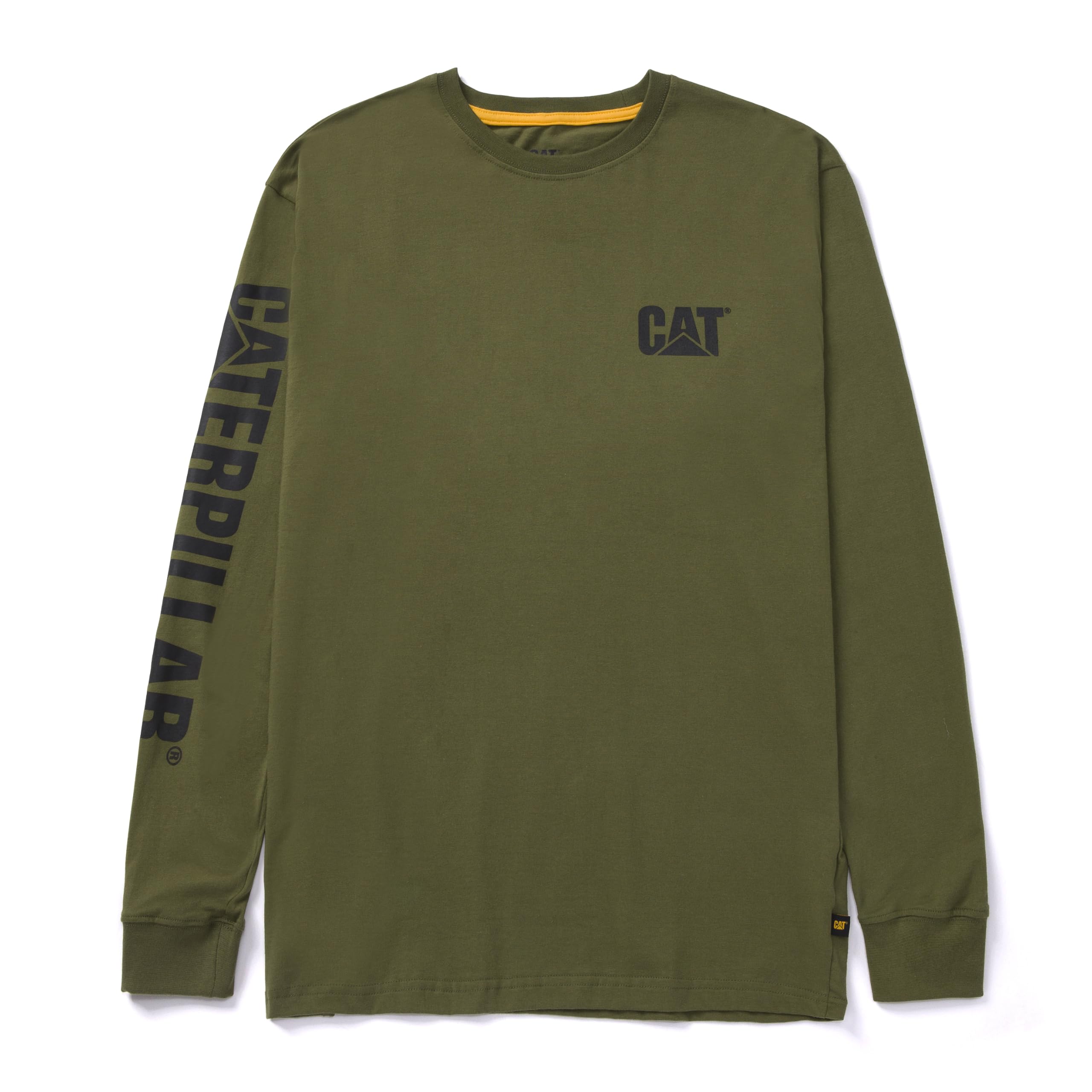 Caterpillar Trademark Banner Long Sleeve Tee Shirts for Men with Center Back Neck Wire Management Loop and Cat Workwear Logo, Chive, Large