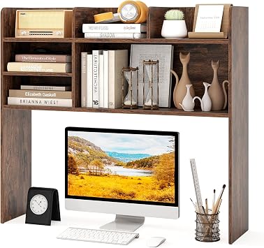 GOFLAME 6 Shelves Desktop Bookshelf, 37 Desk Hutch Dorm for Computer Monitor Up to 32, 3-Tier Countertop Display Rack, Wood Desk Storage Organizer Shelf for Home Office, Study, Rustic Brown