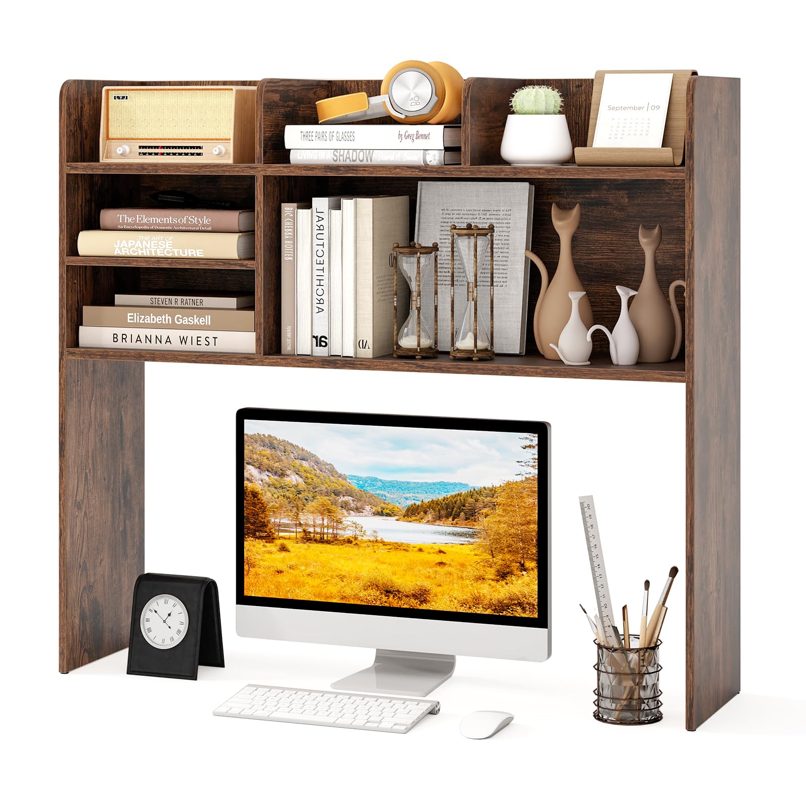 GIANTEX Estantería de Escritorio con 6 Estantes Abiertos, Mueble Organizador sobre Mesa con Kit Antivuelco, 94 x 24 x 85 cm, Estante Ajustable, para Plantas, Libros, Comésticos (Marrón)