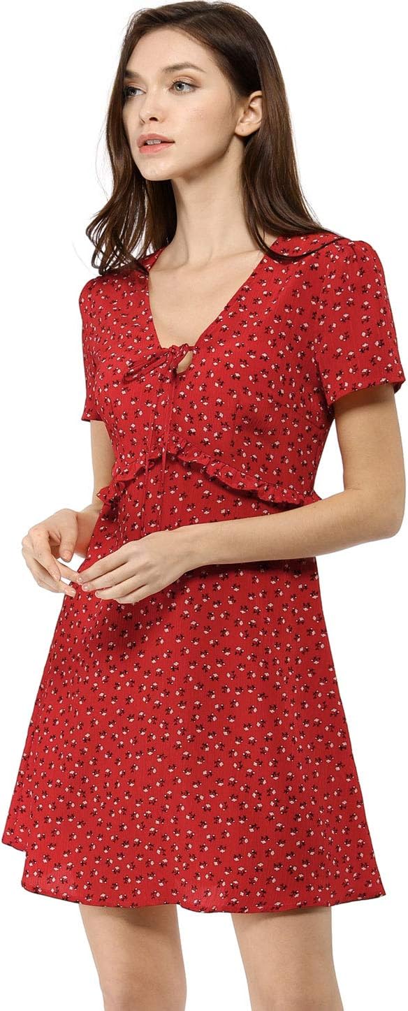 Allegra K Women's Floral Ruffle Trim Tie Front Dresses Short Sleeve Summer Flowy Dress - Image 3