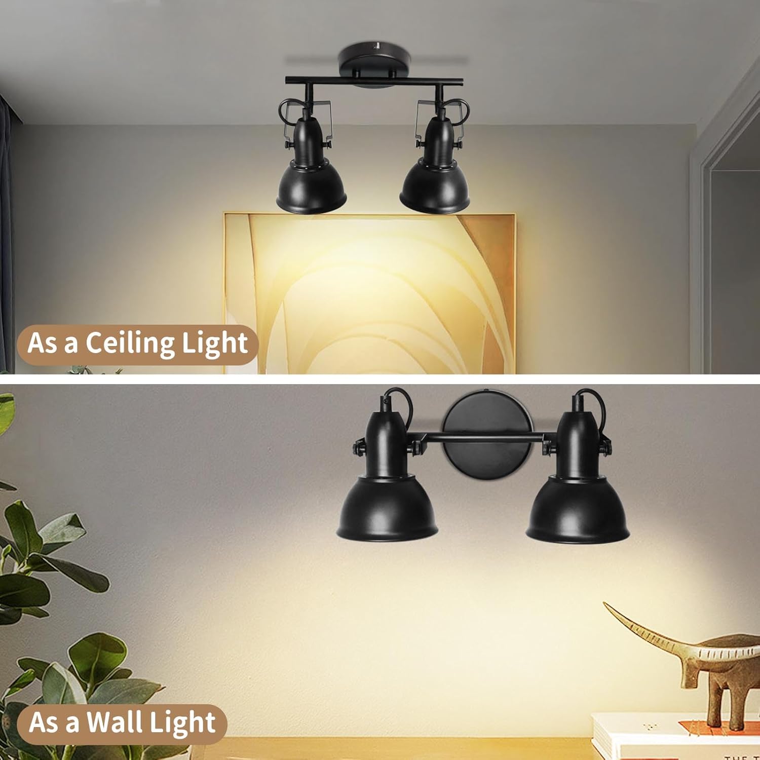 LTBLIGHT LED Track Lighting Kit, 2-Light Directional Ceiling Light Fixture, Industrial Black Ceiling Spot Lights Fitting for Kitchen, Bedroom, Art Wall, E26 Base, Bulbs Not Included