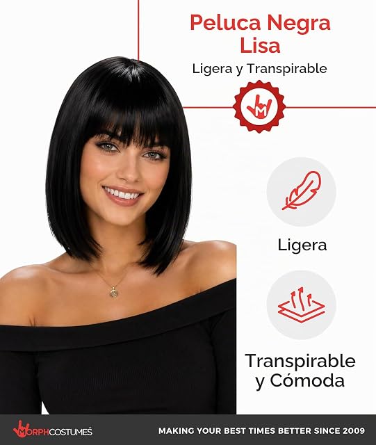 Foto 2 de 6 de Fun Shack Peluca Media Melena Negra Lisa Bob Flequillo Mujer Adulta Accesorio Cabello Carnaval Estilo Talla…