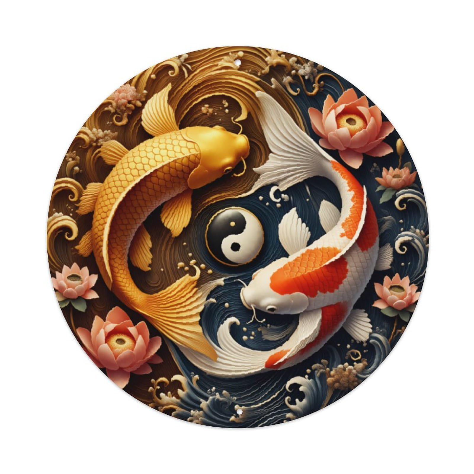 in Yang Koi Lotus Oriental Wall Sign Vintage Aluminium Metal Sign, Retro Wall Decor for Home, Bar, Garage & Farmhouse 20x20cm