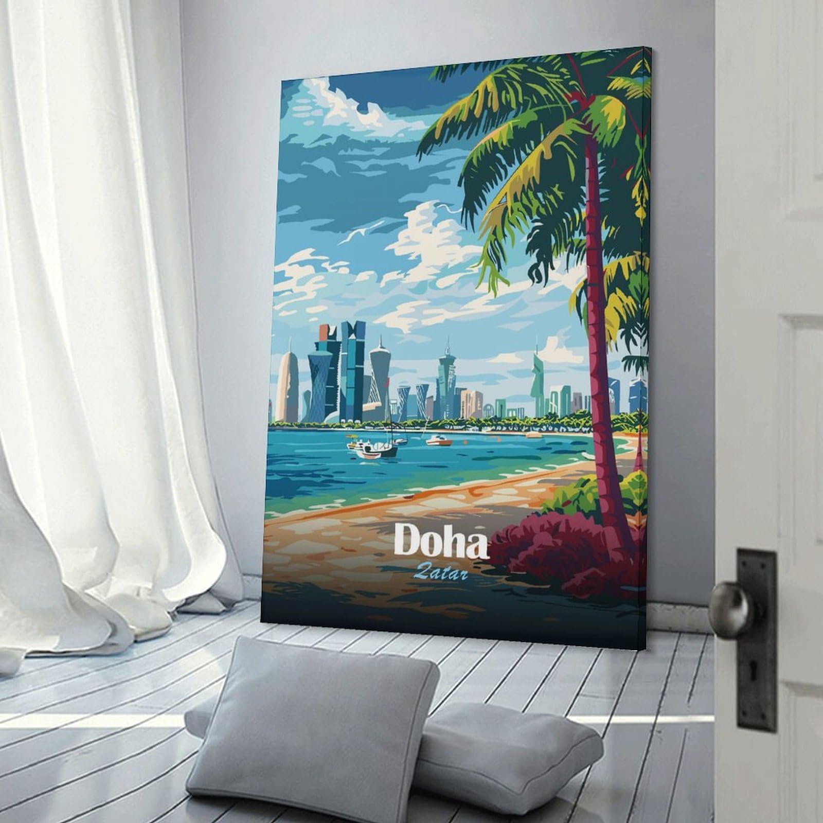 Junmoney Doha, Qatar Beach And Skyline Decorative Wall Artwork, 24x36inch(60x90cm), for Home Lounge, Bedroom Or Reading Nook, Easy Decor for Gallery Walls