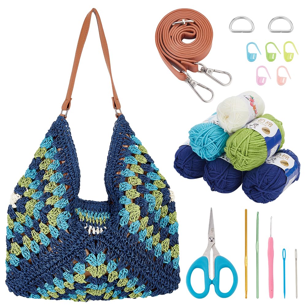 FREEBLOSS Kit de Ganchillo para Principiantes, Kit de Iniciación de Ganchillo de Cuadrados de la Abuela, Kit de Bolsa Tote de Ganchillo, Kit de Bolsa de Ganchillo con Instrucciones para Principiantes