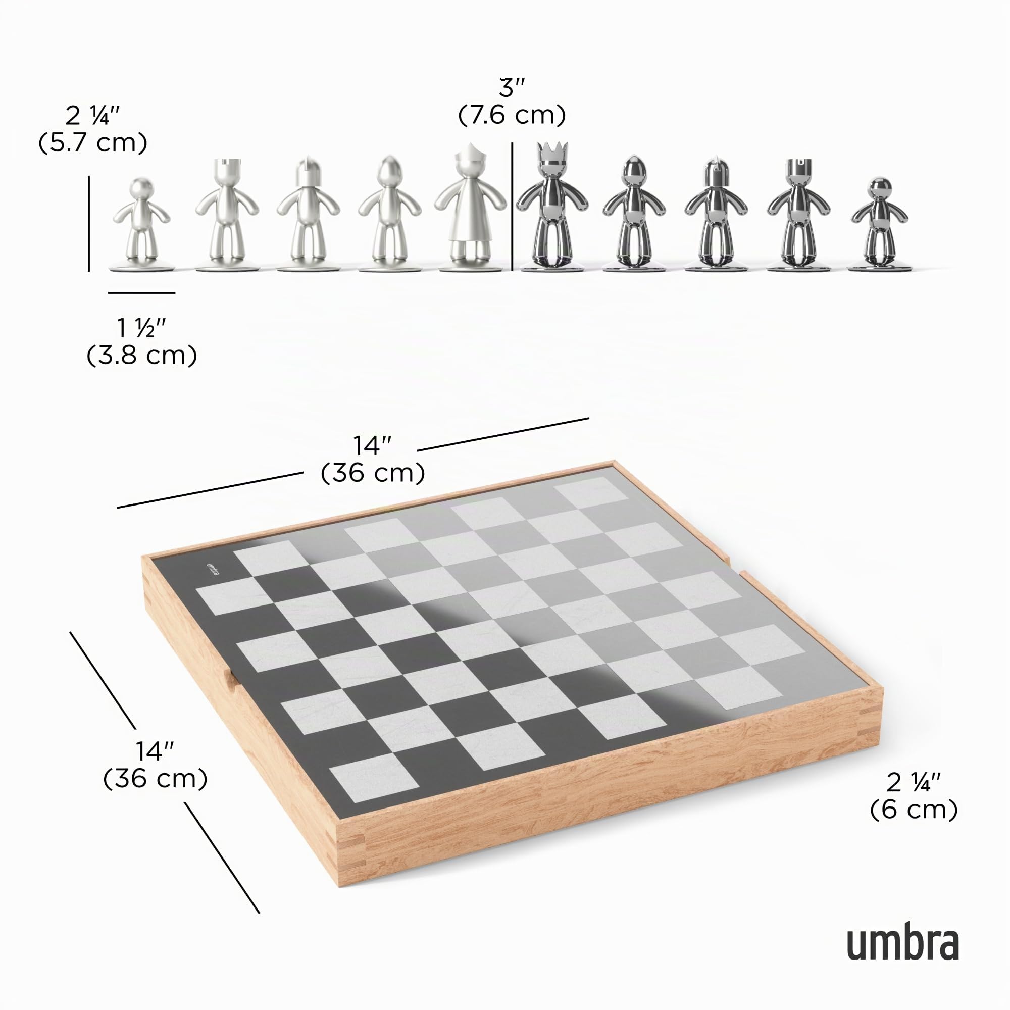 Umbra Buddy Schachspiel, Schachbrett Eschenholz, 36x36x6 cm, Natur | Zinkfiguren mit Samtboden, verstecktes Aufbewahrungsfach, Nickel und Titan Finish, robust für alle Altersgruppen