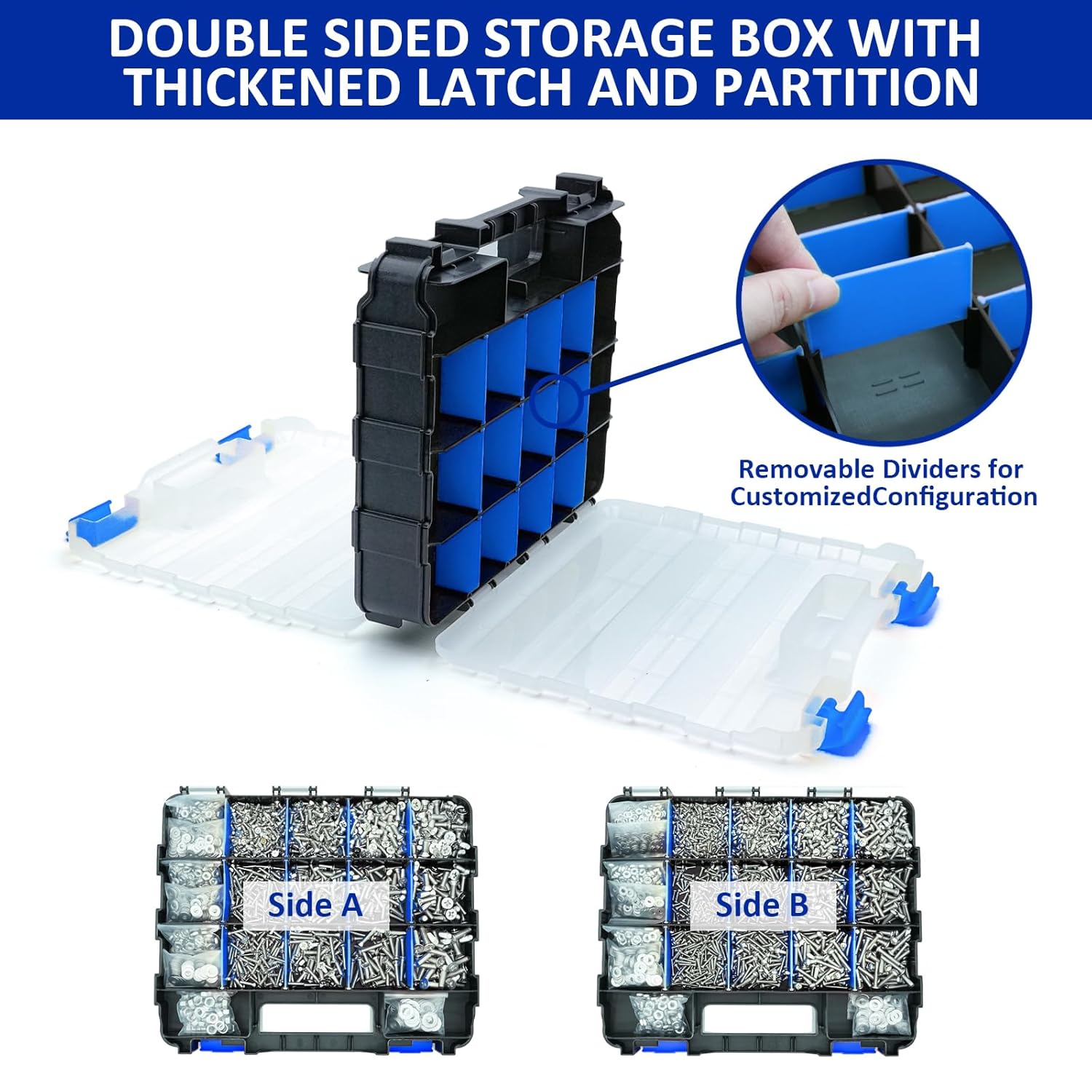 J&L HomeHive Stainless Steel 304 Bolt Nut and Washer Assortment Kit, 1575 Pieces, Flat Head and Pan Head Screws, Multiple Sizes #4 to #1/4, Organized Storage Case (Blue)