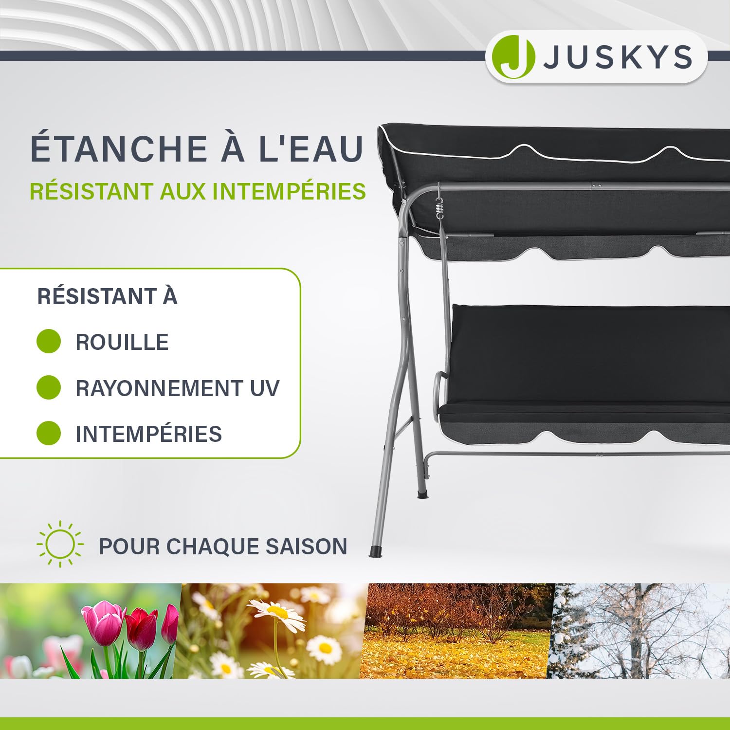 Juskys Balançoire Hollywood avec Toit et Coussin de siège - balançoire de Jardin 200 kg Chargeable - Banc de balançoire pour Jardin et terrasse- Gris, 3 Places