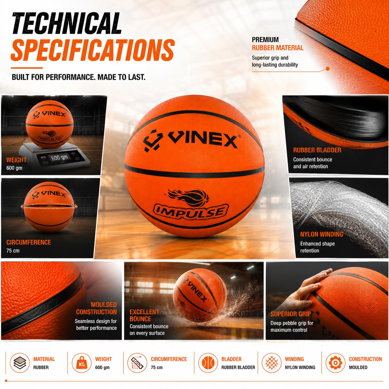 Vinex Impulse Basketball Size 6, Moulded Natural Rubber Basketball with Nylon Winding, Durable Grip & Bounce, Rubber Bladder for Indoor Outdoor Training and Play, 600 g with Free Air Needle 1