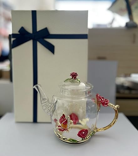 Miniatura 9 de Tetera creativa de cristal de flores para té de Kung Fu, buen regalo para hermana, mamá, abuela, profesores (rosa roja)