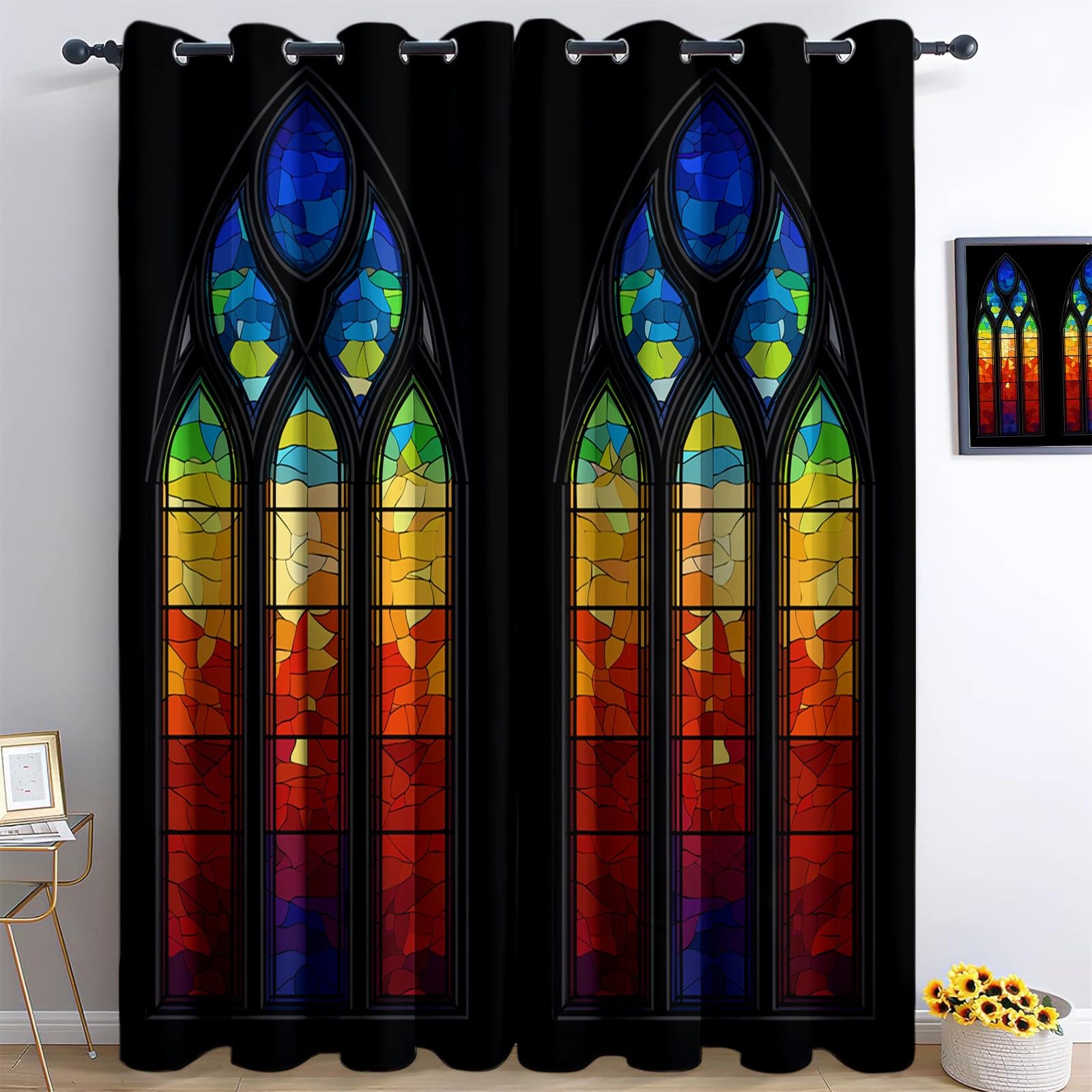 Blackout Curtain Gothic Stained Glass Windows 55” W x 102” L (2 Panels), Black Thermal Insulated Children Adults Window Drapes Energy Saving Eyelet Curtains for Living Room Bedroom Dining