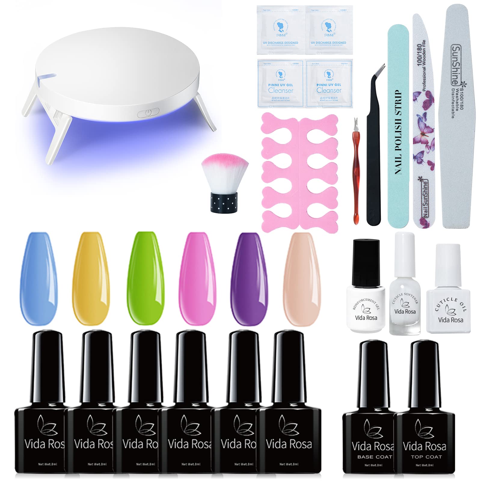 Vida Rosa Gel-Nagel-Set mit UV-LED-Lampe, Starter-Komplettset, 6 Farben, 8 ml, Gel-Nagellack, glänzender Decklack und Unterlack, Glitzer-Nagelkunst-Dekorationen, Maniküre-Werkzeuge, komplettes Set…