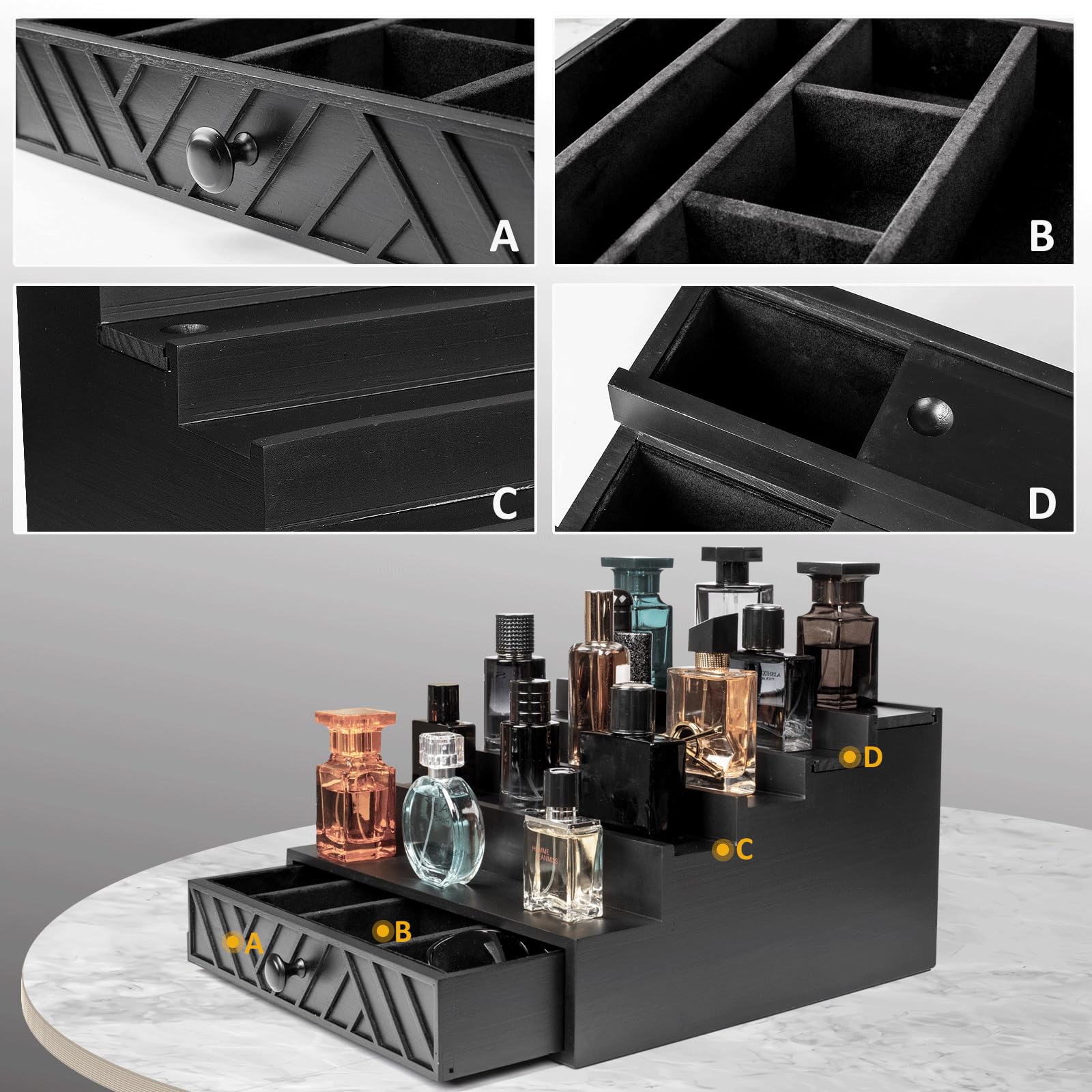Organizador de Colonia de Madera 5 Niveles con Cajón Oculto | Estante Decorativo para Dormitorio y Baño, Expositor de Perfumes con Diseño Geométrico Moderno
