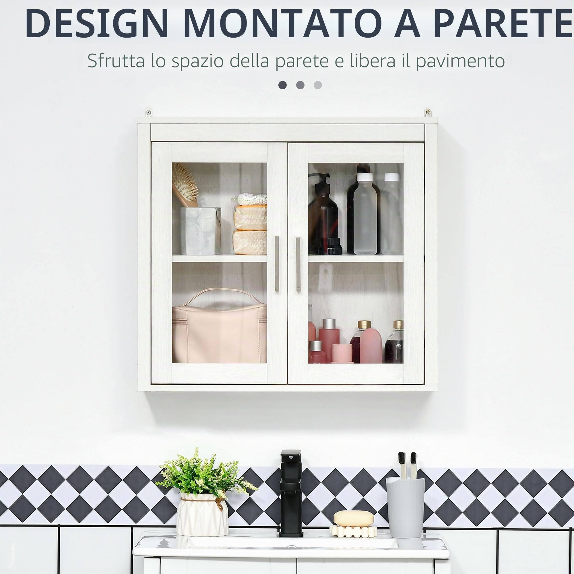 kleankin Armadietto da parete per bagno con 2 ante in vetro e ripiano regolabile Armadietto da bagno sospeso per cucina camera da letto toilette stile moderno 60x19,5x54 cm Bianco