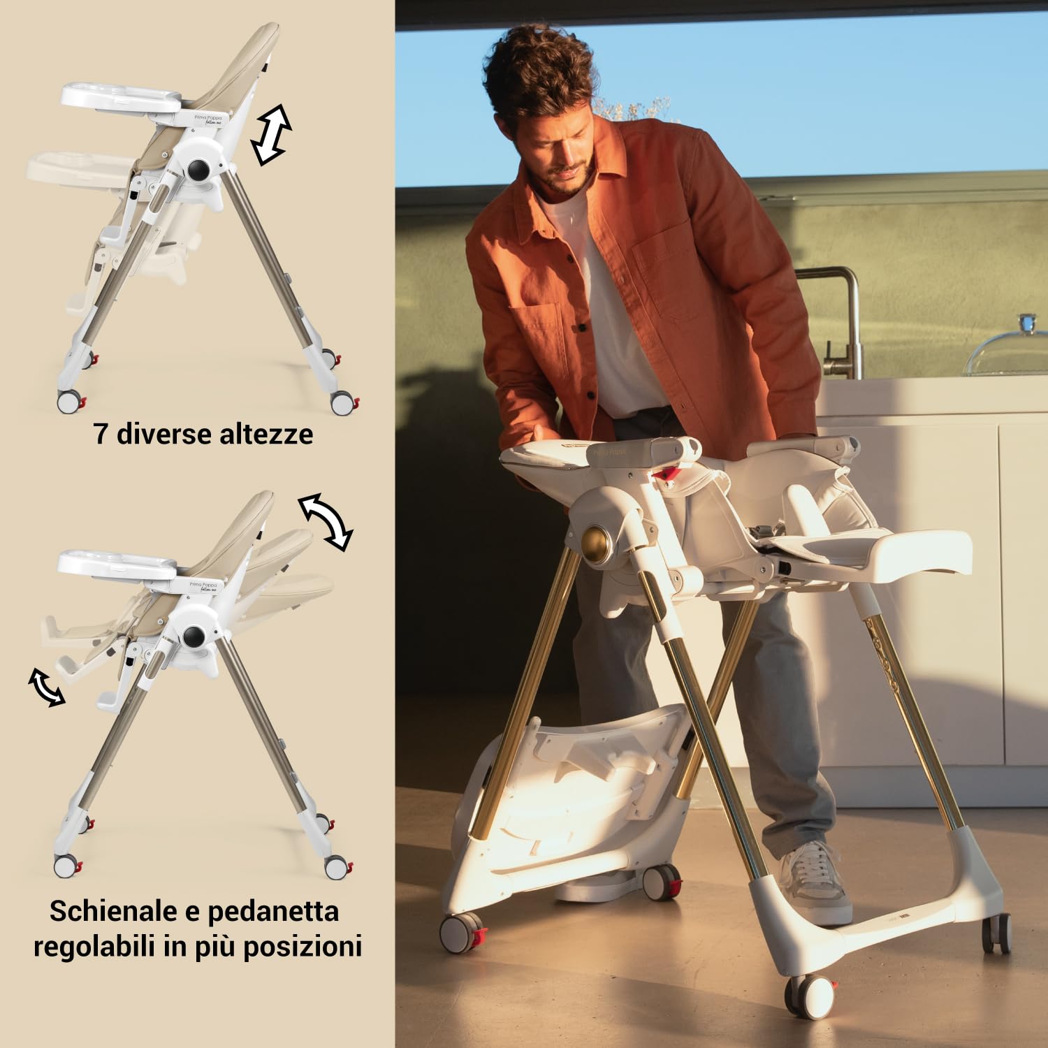 Peg Perego Prima Pappa Follow Me Seggiolone Pappa Neonati Reclinabile, Funzione Sdraietta, 4 ruote, Pieghevole e Ultracompatto, per Bambini da 0 a 3 Anni (0-15 kg), Astral