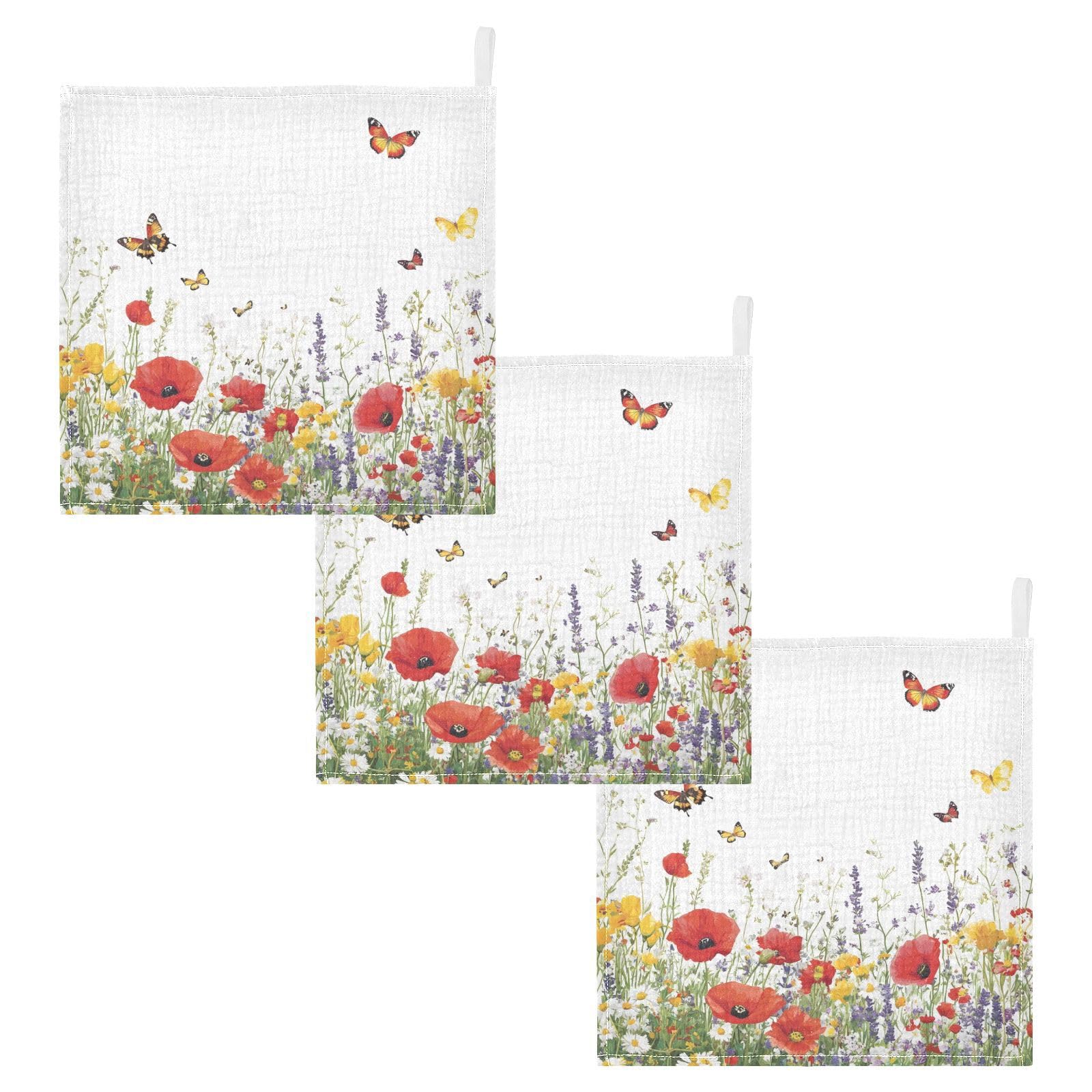 STAYTOP Wildflowers and Butterflies Muslin Baby Washcloths Pack of 3 - Soft Face Cloths for Newborn Absorbent Baby