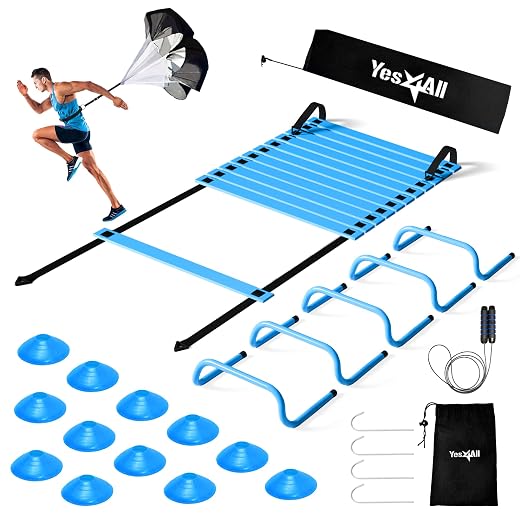 Yes4All Agility Ladder Speed Training Equipment Set - 1 Adjustable Agility Ladder, 12 Soccer Cones, 5 Hurdles, Jump Rope, Running Parachute - Speed & Agility Training Equipment for All Ages