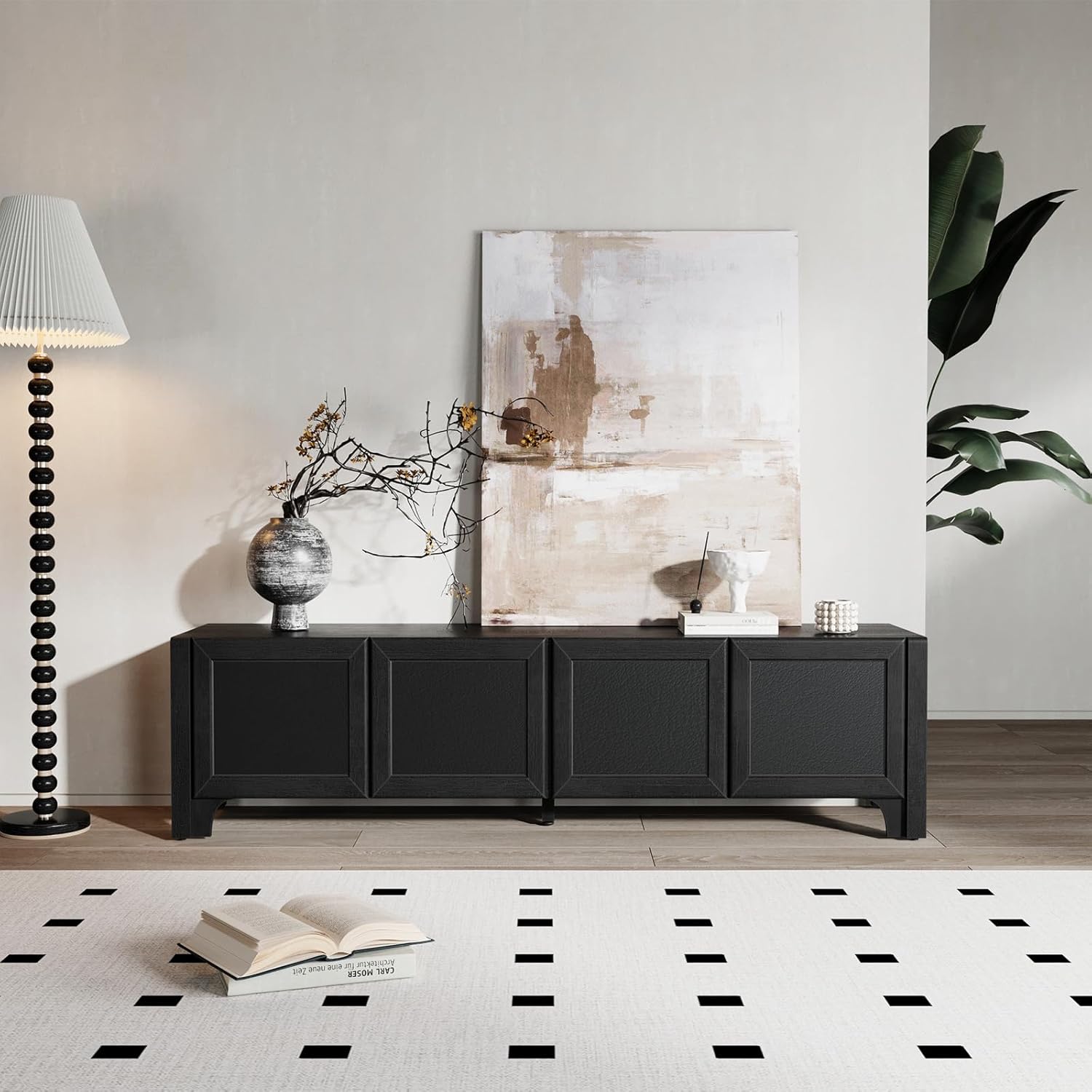 70" Modern TV Stands for 65 70 Inches TV, Black Media Console for Living Room, Leather-Wrapped Door Panels TV Entertainment Center with Cabinet Storage, Wood Television Cabinet for Bedroom - Image 6