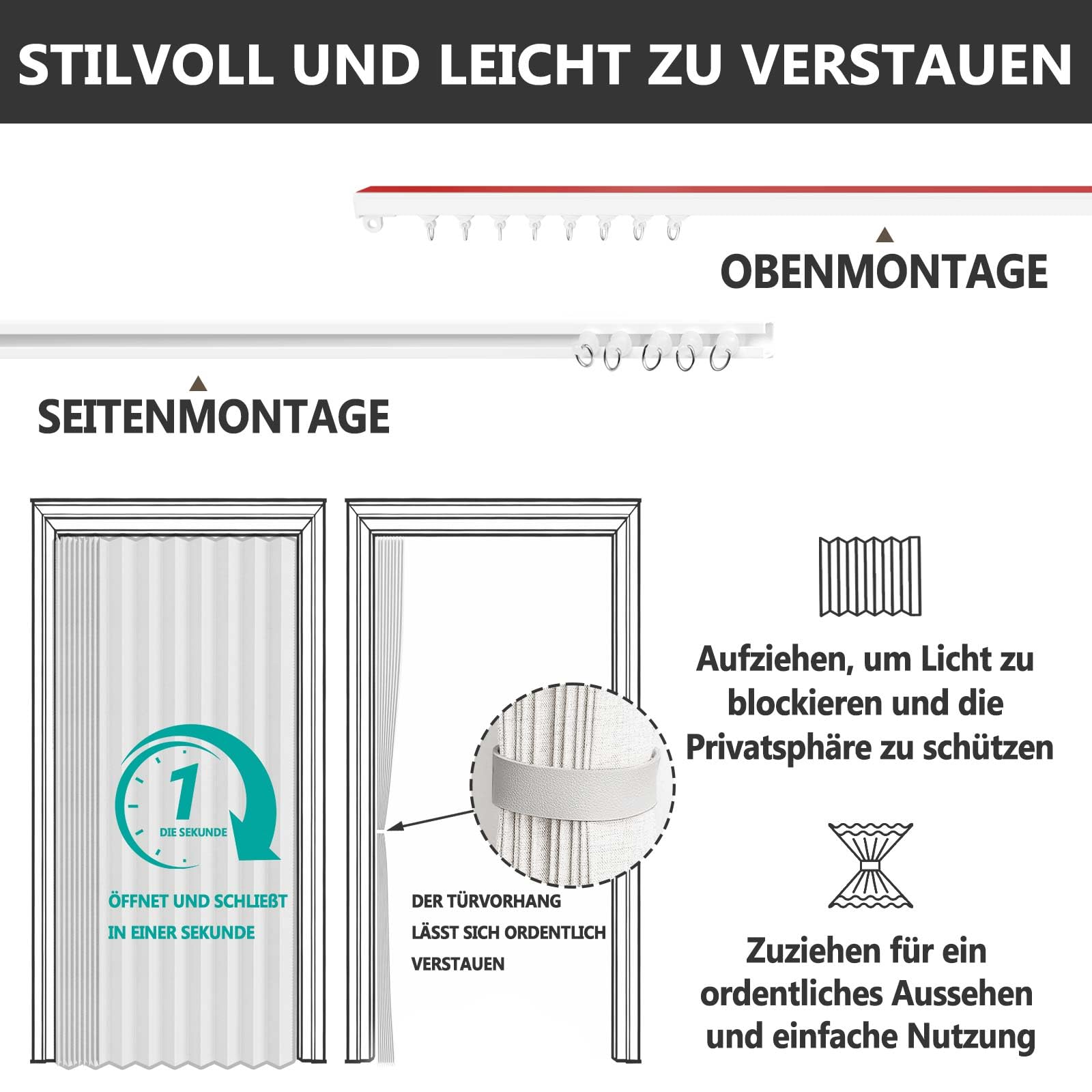 Jilron 100% Blickdichter Türvorhang – Faltbarer Akordion-Stil mit Magnetverschluss, Klebemontage ohne Bohren, inkl. Klebeschiene, Verdunkelung & Windschutz,Weiß, H201 x B106 cm