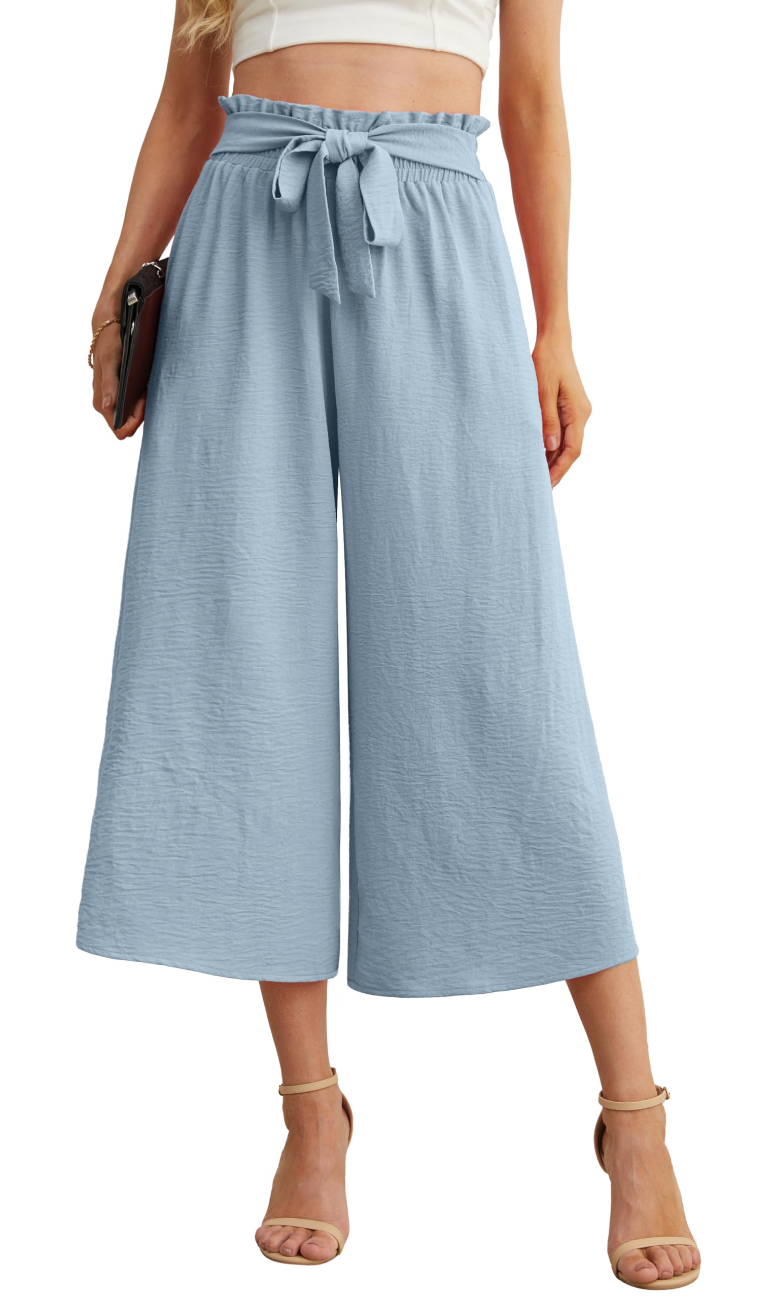 IWOLLENCE Women Flowy Loose Wide Leg Pant Summer Beach Casual Trousers high Waist Adjustable Knot Business Work Casual Pants