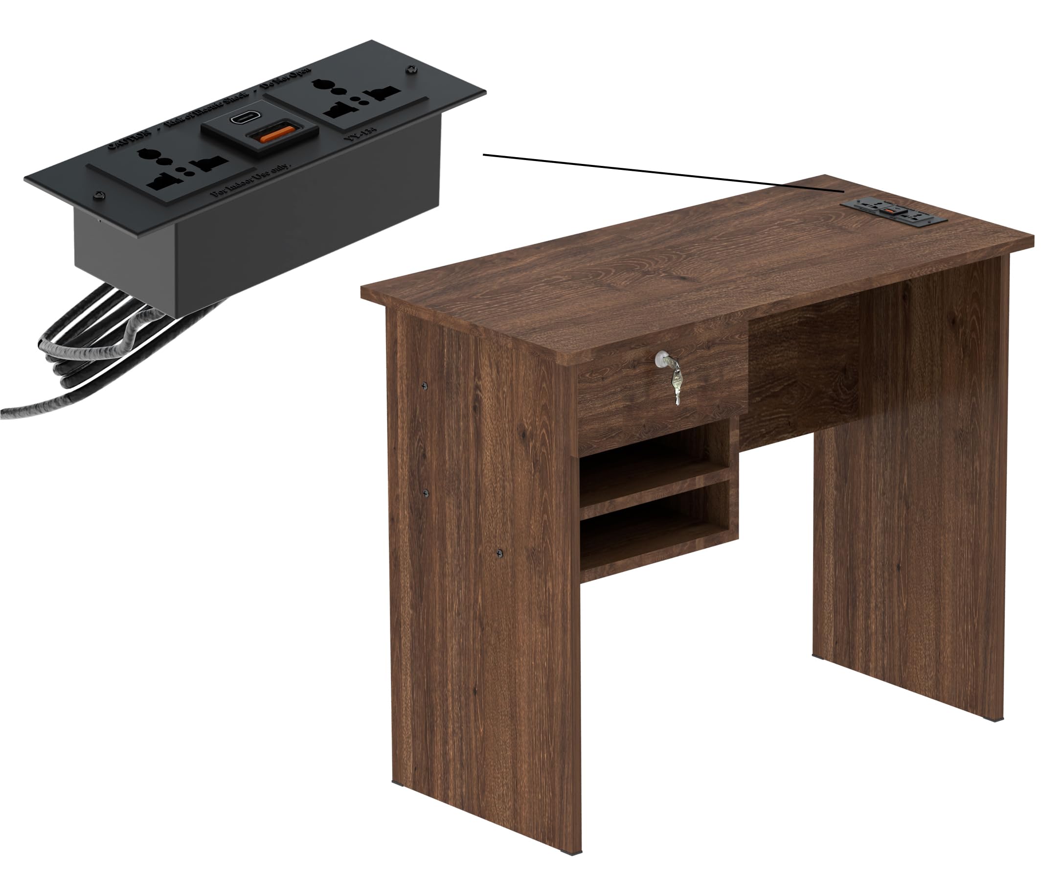 Mahmayi MP1-9045 Solama Functional Office Desk with 2 Paper Racks, Lockable Drawer with BS01 Desktop Socket and USB A/C Port for Office, Home and Meeting Room - Brown