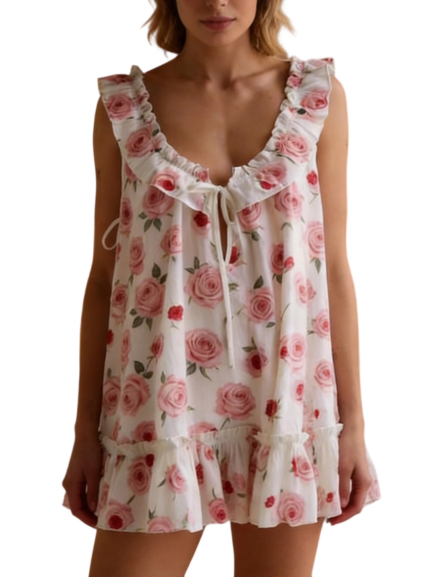 Acrawnni Nightdresses for Women UK Ladies Floral Print Loose Ruffle Trim V Neck Sleeveless Nightshirt Loose Chemise Mini Dress (A-White Rose, S)