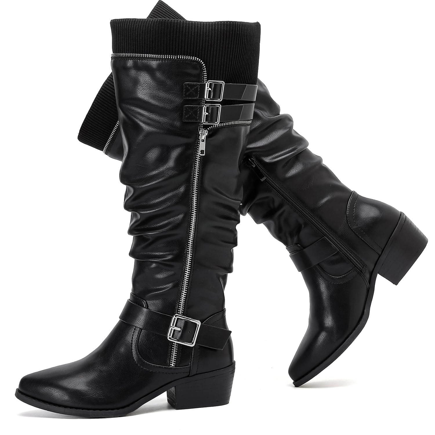 Luoika Womens Extra Wide Calf Knee High Boots Wide Width Plus Size Knee-High Boots Low Stacked Heel Winter