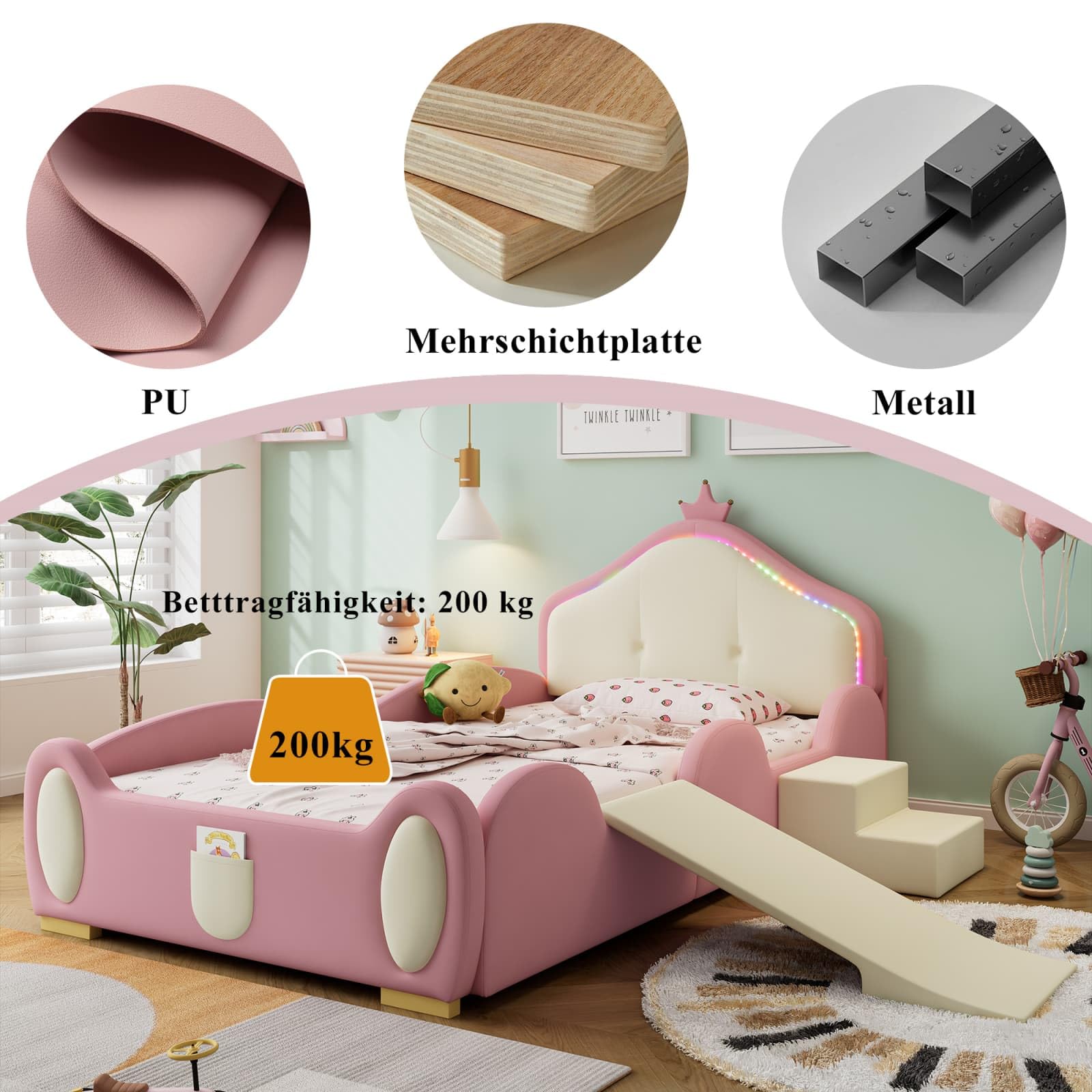 KOMHTOM Lit Enfant en Bois 90x200 cm - Lit LED Plateforme Simple avec Barrière de Sécurité et Toboggan - Escalier - Sommier à Lattes - Design Unique - PU - sans Matela (Rose-B)
