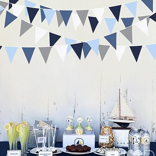 Miniatura 3 de Decoraciones de fiesta azul profundo de 32 pies, bandera triangular real, banderines de tela para boda, cumpleaños, Ahoy, Achor, pirata náutico,