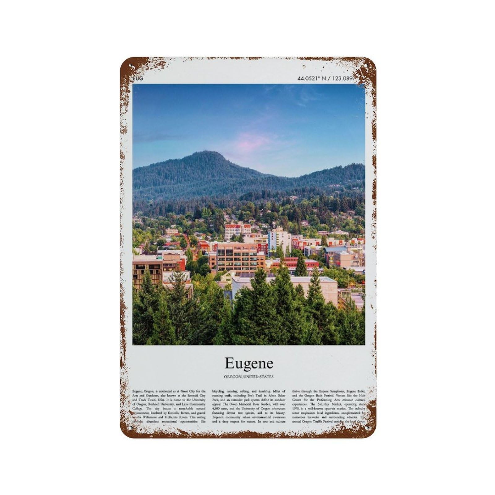 xiaoxiaoshen Eugene Oregon, United States, USA City Scenery Wall Decor Art Metal Tin Poster Modern Home Decor Art Home Bar Shop Decorations Vintage Sign 30x20cm