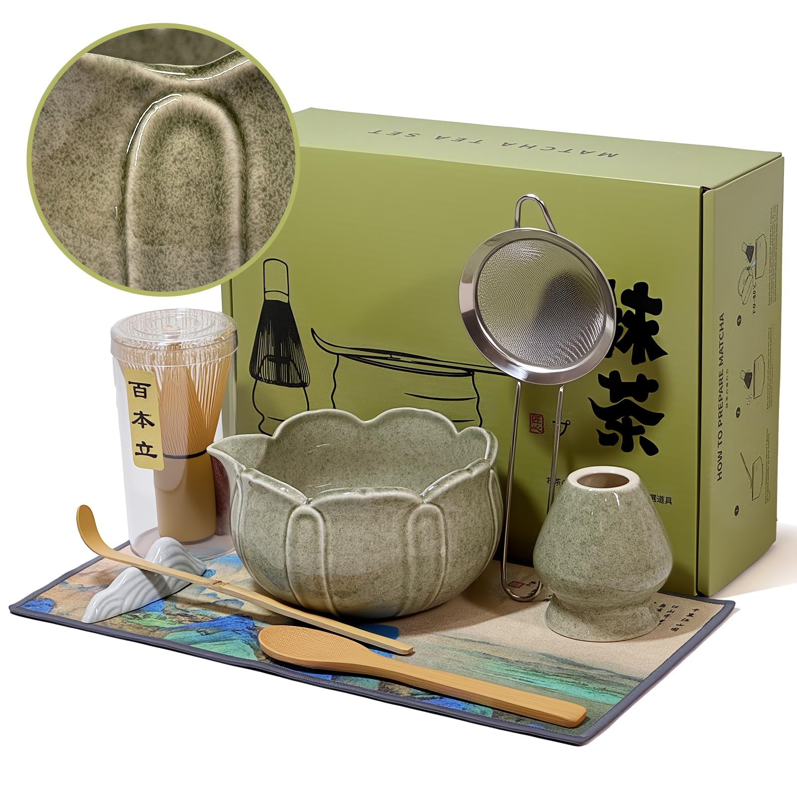 8-Piece Matcha Whisk Set, Ceramic Bowl and Tools, Celadon Lotus