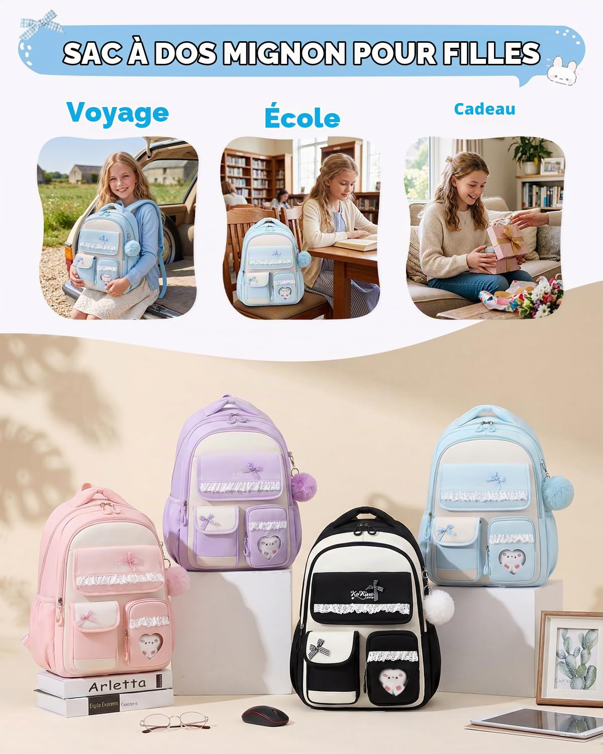 Tanou Cartable Fille Primaire, Sac à Dos pour Enfants du CP au CM2 | Nylon Imperméable, Sac d'école Primaire Kawaii avec Nœud pour Filles de 7 à 14 ans, Bleu