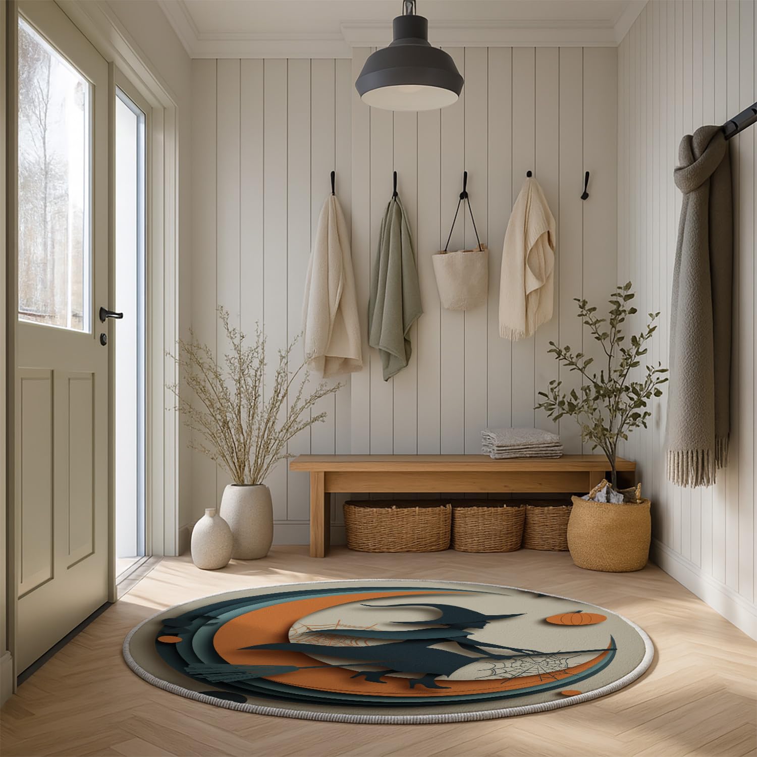 Générique Tapis Rond 100 cm Diamètre Table Basse Coloré, Art du Papier Découpé Sorcière Lune Toile Moelleux Tapis à Poils Courts pour Entrée