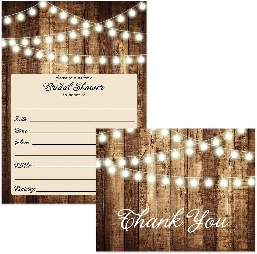 Digibuddha DB Party Studio SET of Rustic Bridal Shower Invitations & Thank You Cards with Envelopes (50 of each) Shabby Chic Fill In Wedding Party Invites Thank You Notes VS0007L
